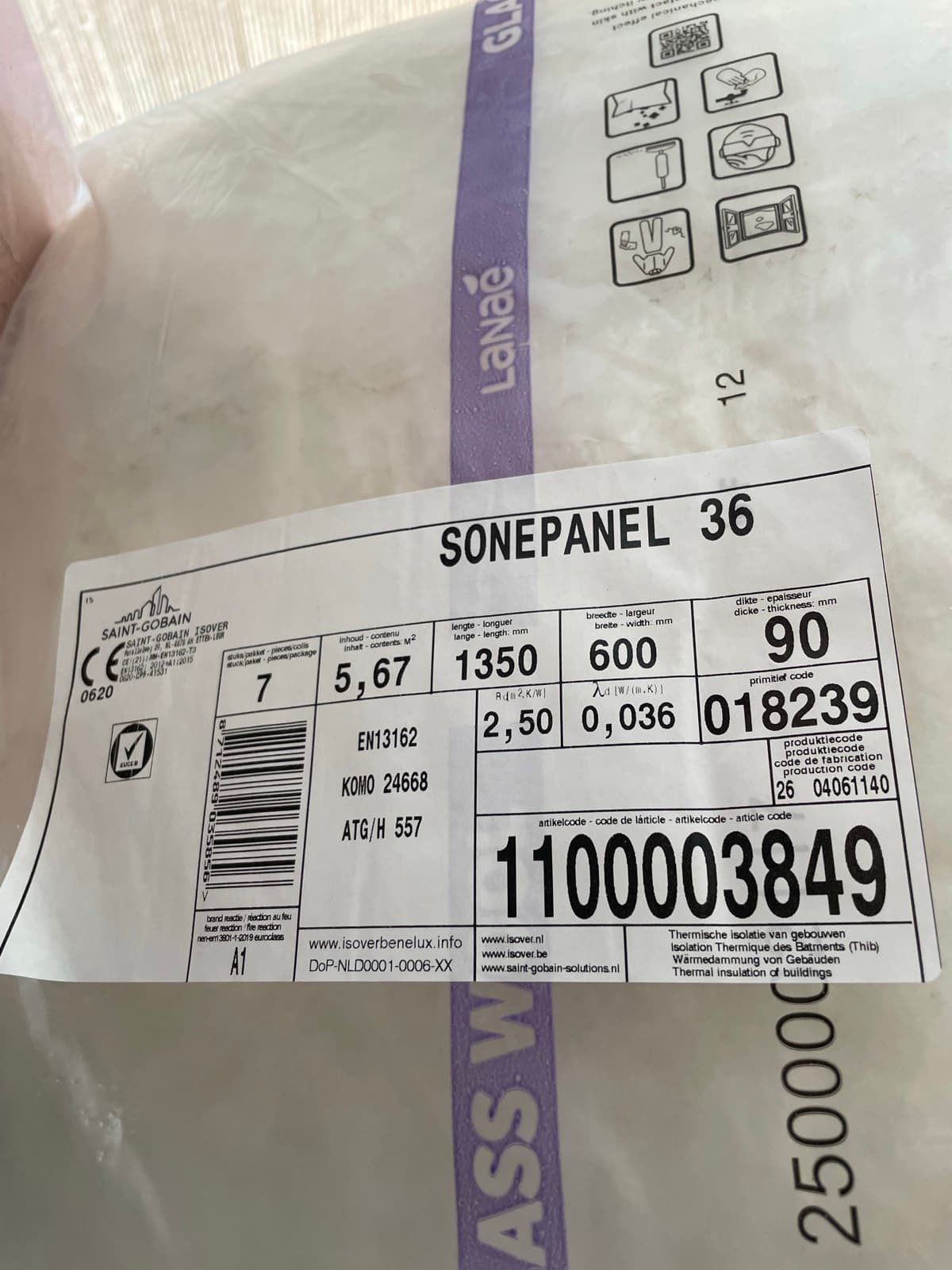 Productlabel van Isover Sonepanel 36 glaswol met Rd-waarde 2,50